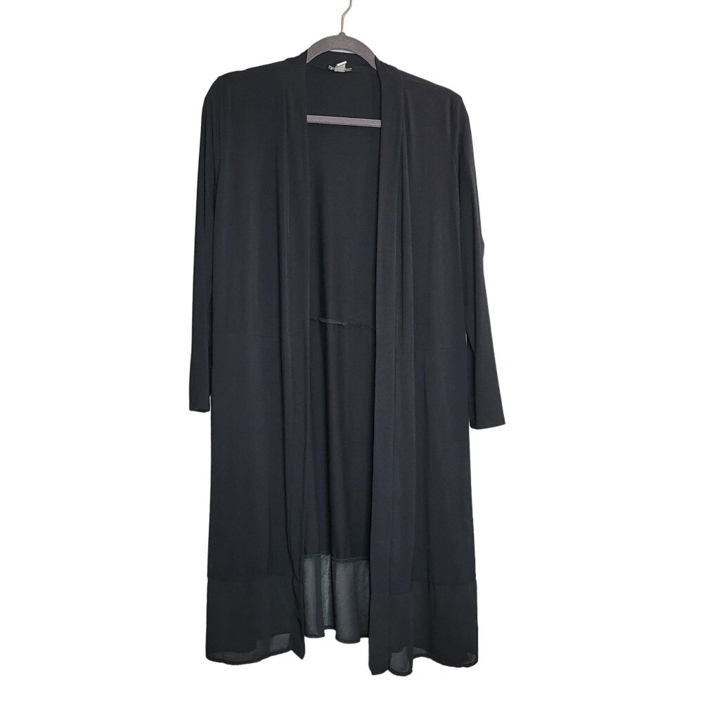 Logo Lori Goldstein Long Black Open Front Cardigan Chiffon Hem & Long Sleeves SP